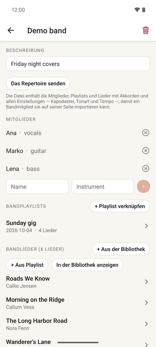 Ein Band-Bildschirm mit Mitgliedern, Instrumenten und einer Liste von Band-Liedern