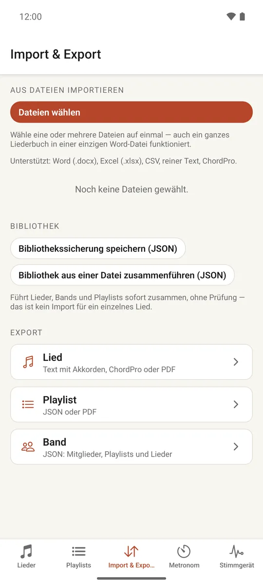 Der Tab Import & Export mit Optionen für Bibliothekssicherung und Export