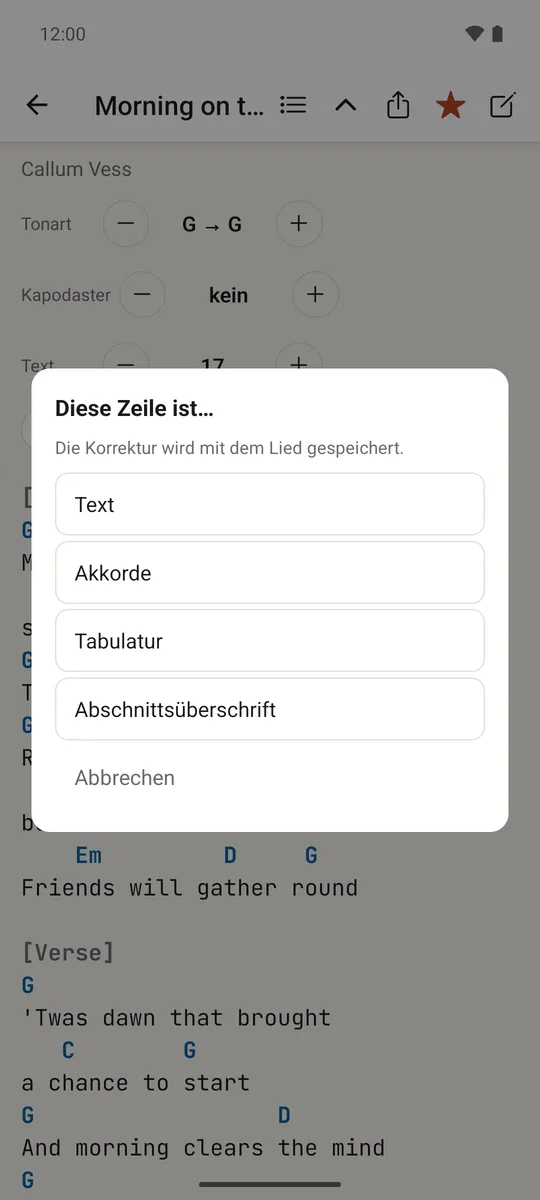 Das Menü nach langem Drücken, um zu korrigieren, ob eine Zeile Liedtext, Akkorde, Tabulatur oder eine Überschrift ist