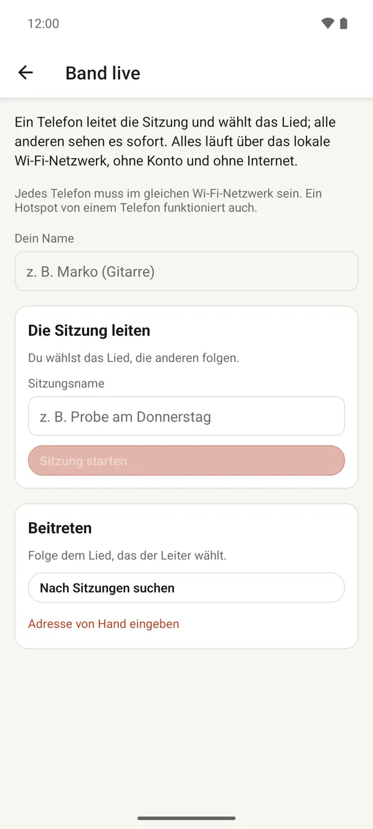 Der Live-Sitzung-Bildschirm zeigt einen Leiter und verbundene Bandmitglieder