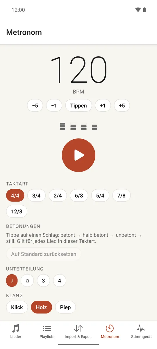 Der vollständige Metronom-Bildschirm mit Steuerung für Tempo, Taktart, Unterteilung und Betonungen