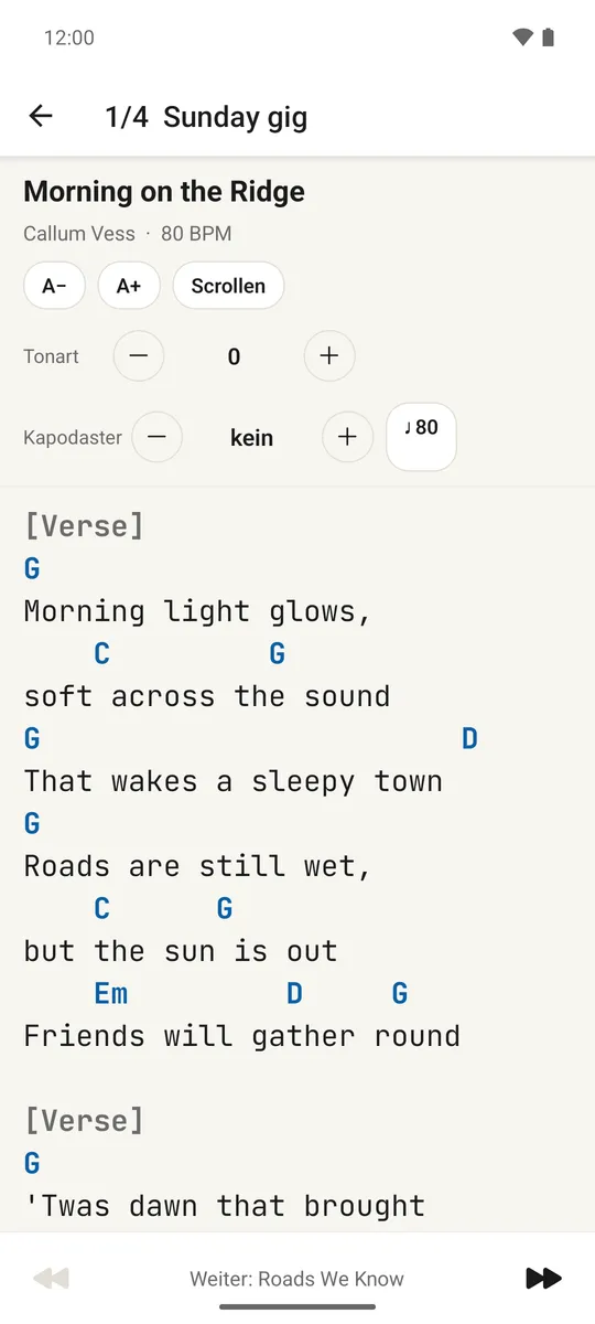 Der Auftrittsmodus zeigt ein Lied im Vollbild mit Steuerung für vorheriges und nächstes
