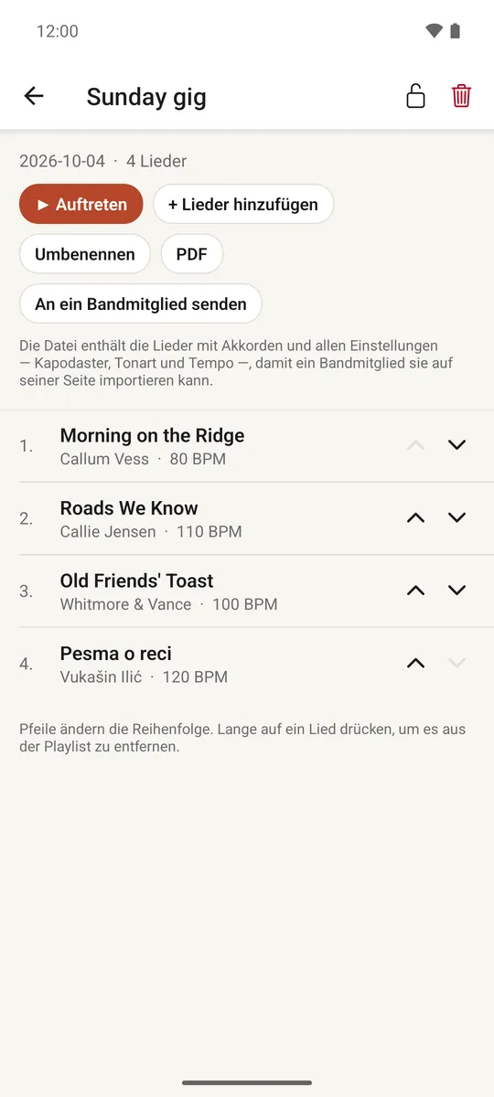 Eine geöffnete Playlist mit Liedern in ihrer Reihenfolge und Pfeilen zum Umsortieren