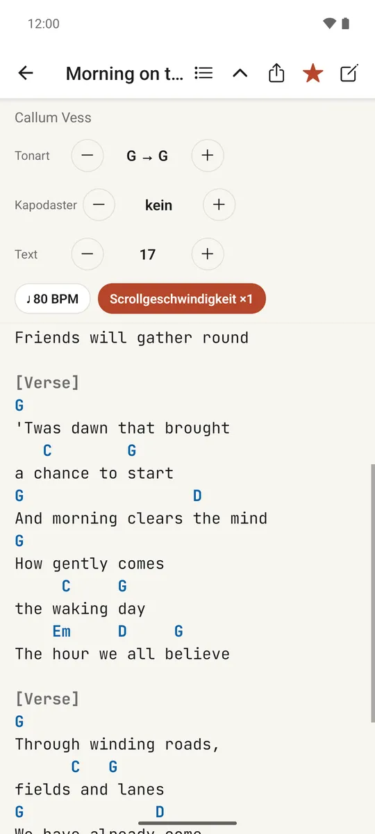 Ein Lied mit laufendem automatischem Scrollen, mitten im Scrollvorgang gezeigt