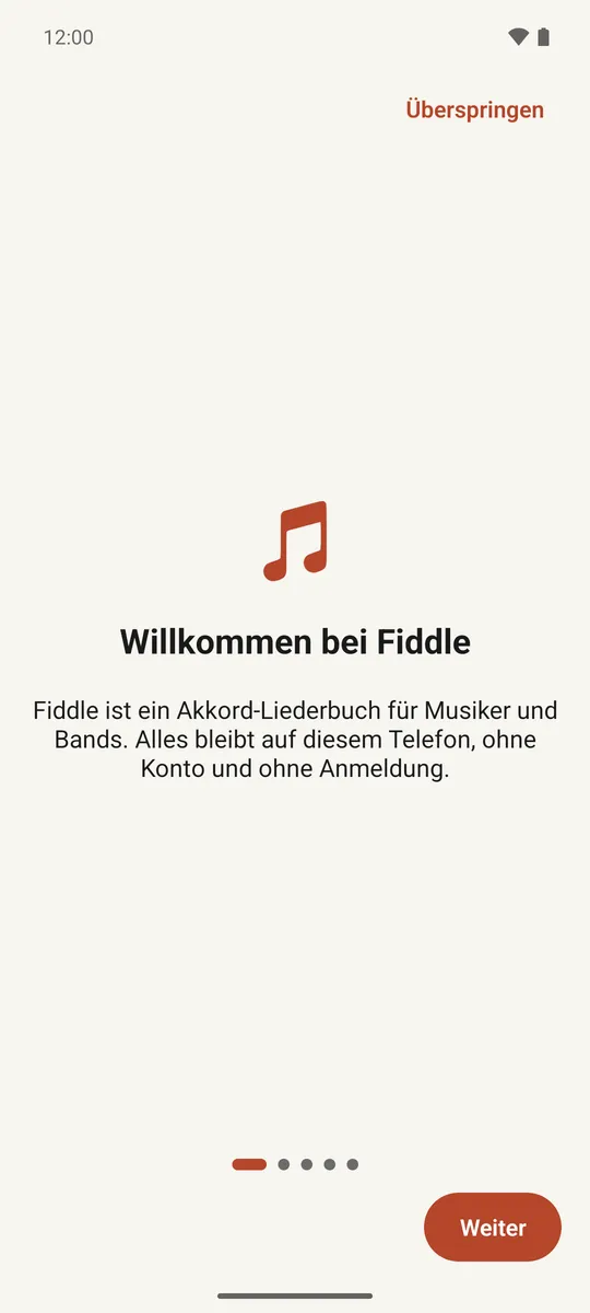 Der Willkommensschritt von Fiddles Tutorial beim ersten Start
