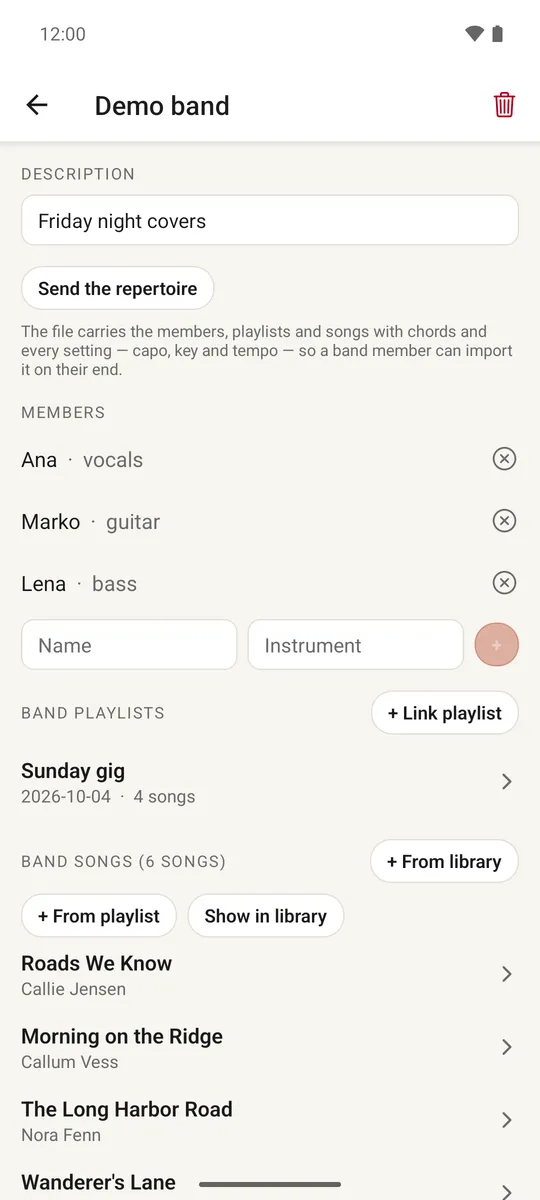 A band screen with members, instruments and a list of band songs