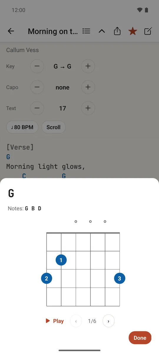 The chord card showing a diagram, notes and a play button