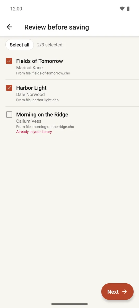 The review screen listing several imported songs with checkboxes and warnings