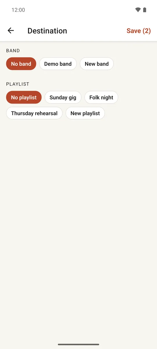 The destination screen with band and playlist choices