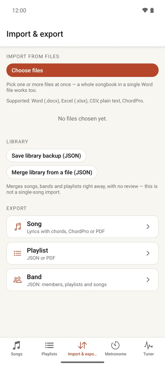 The Import & export tab with library backup and export options
