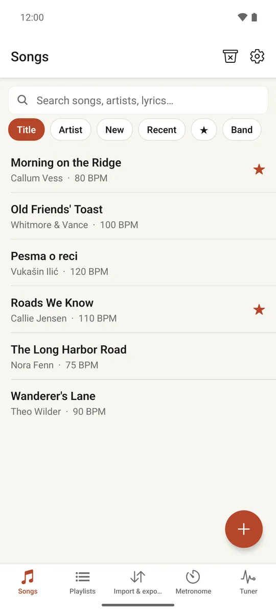 The song library, showing a search field, sort chips and a list of songs