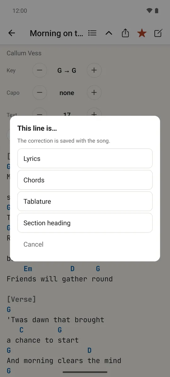 The long-press menu for correcting whether a line is lyrics, chords, tab or a heading
