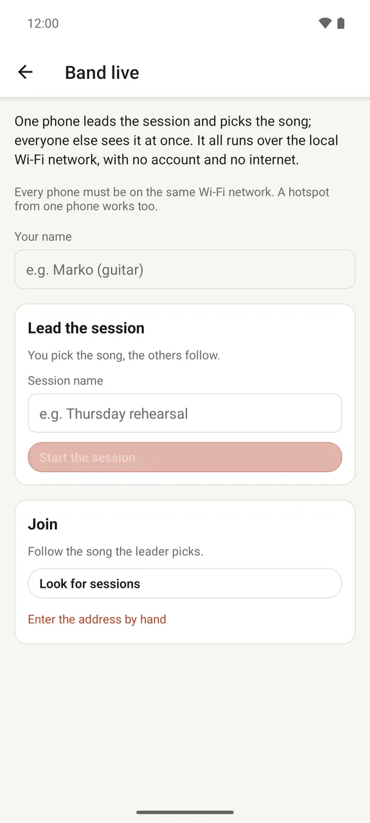 The live session screen showing a leader and connected band members