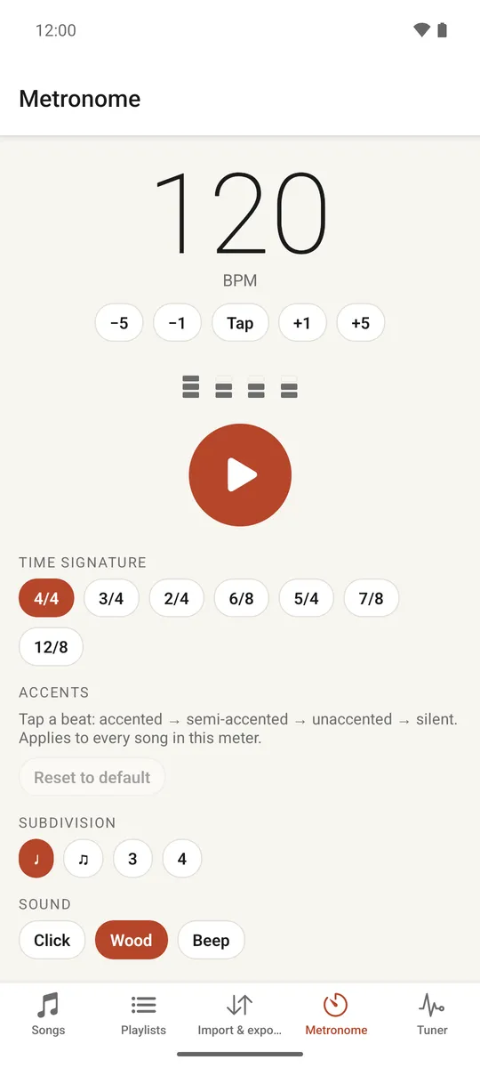 The full metronome screen with tempo, signature, subdivision and accent controls