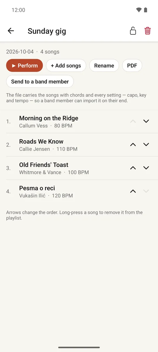An open playlist with songs listed in order and reorder arrows