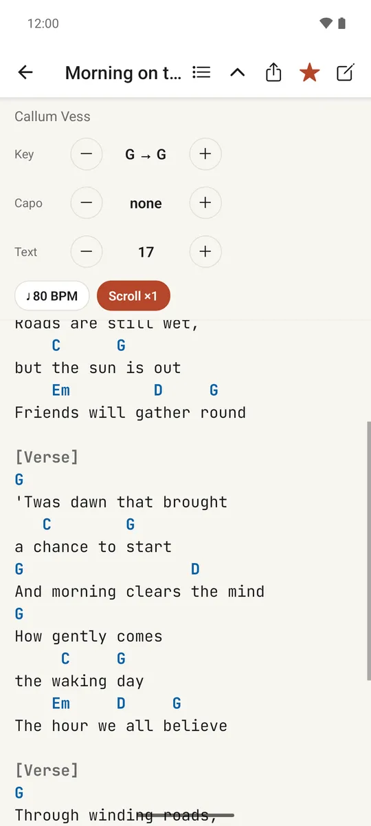 A song with auto-scroll running, shown mid-scroll