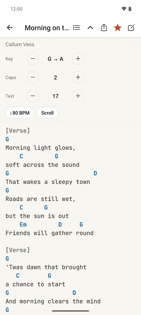 Close-up of the key and capo steppers at the top of a song