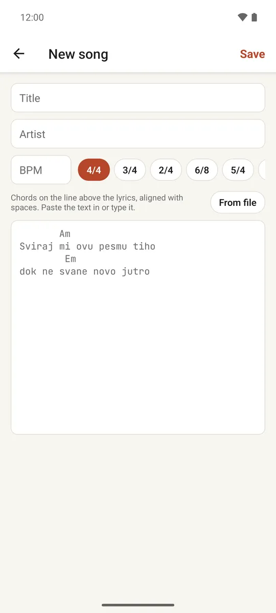 The new-song screen with title, artist and a chords-above-lyrics text editor