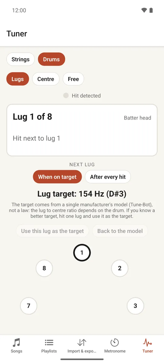 The drum tuner showing lugs arranged in a circle with their tuning status