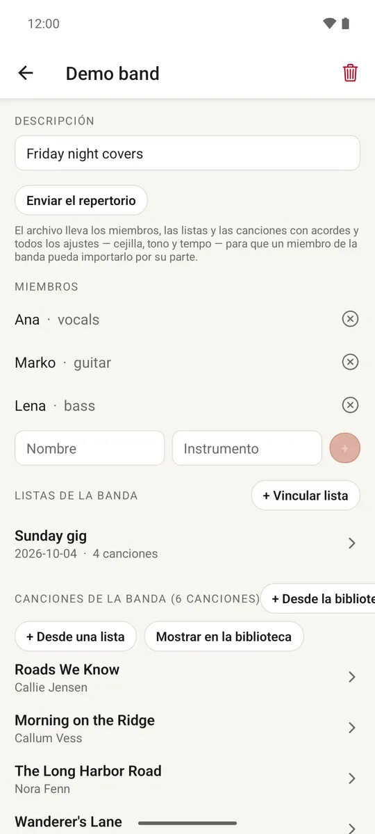 Una pantalla de banda con miembros, instrumentos y una lista de canciones de la banda
