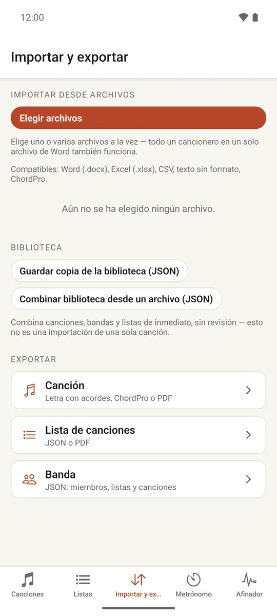 La pestaña Importar y exportar con opciones de copia de seguridad de biblioteca y exportación