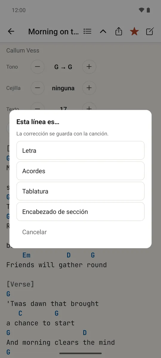El menú de mantener pulsado para corregir si una línea es letra, acordes, tablatura o un encabezado
