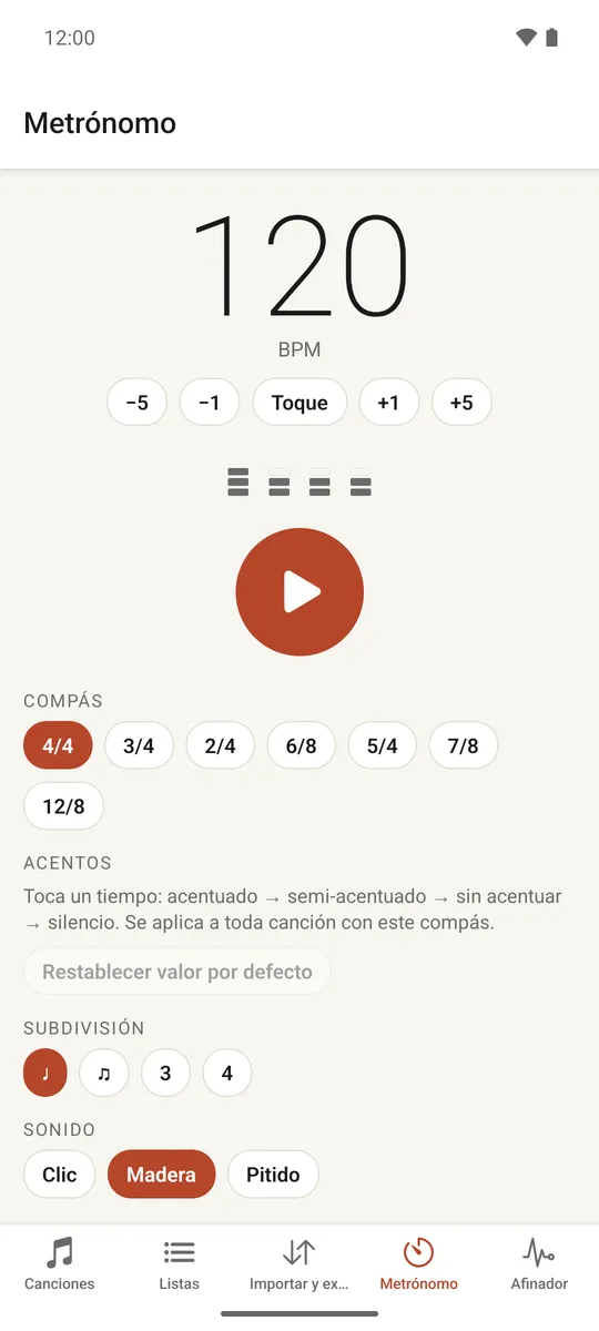 La pantalla del metrónomo completo con controles de tempo, compás, subdivisión y acentos