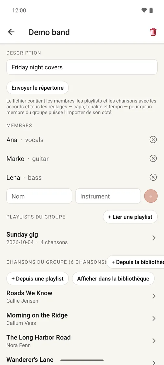 Un écran de groupe avec les membres, les instruments et une liste des chansons du groupe