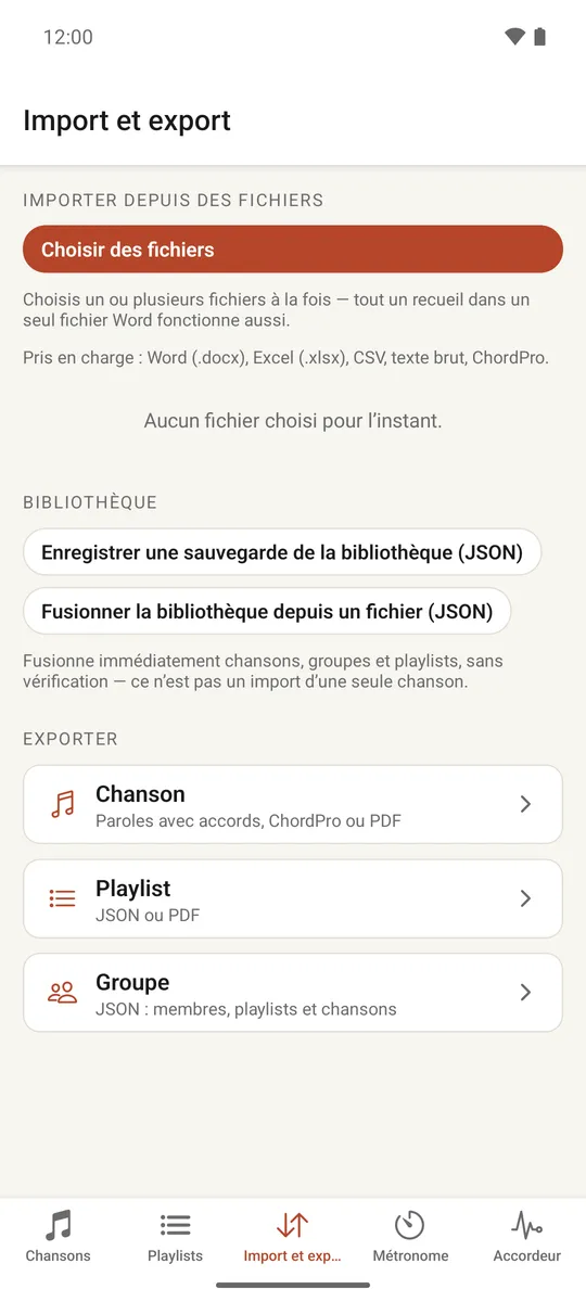 L'onglet Import et export avec les options de sauvegarde de bibliothèque et d'export