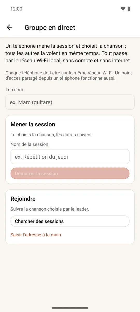 L'écran de session en direct montrant un leader et des membres du groupe connectés