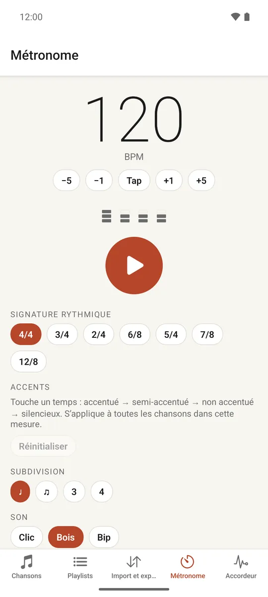 L'écran du métronome complet avec les contrôles de tempo, signature, subdivision et accents