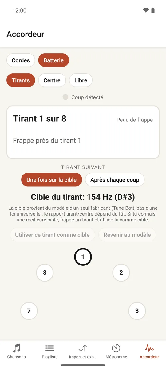 L'accordeur de percussions montrant les tirants disposés en cercle avec leur statut d'accordage
