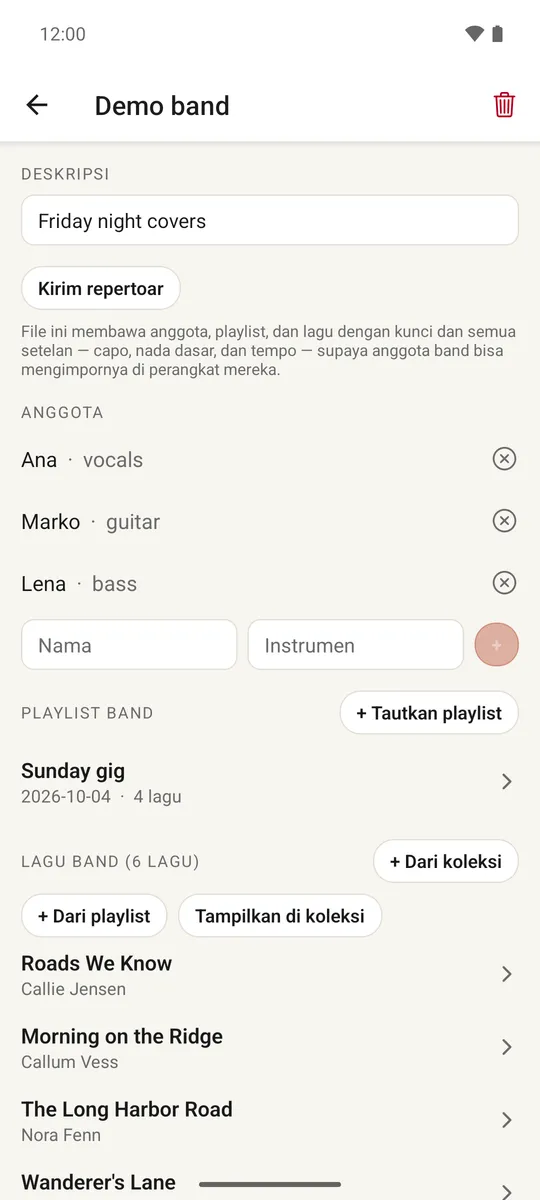 Layar band dengan anggota, instrumen dan daftar lagu band