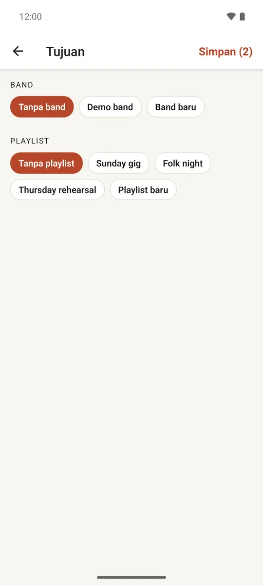 Layar tujuan dengan pilihan band dan playlist