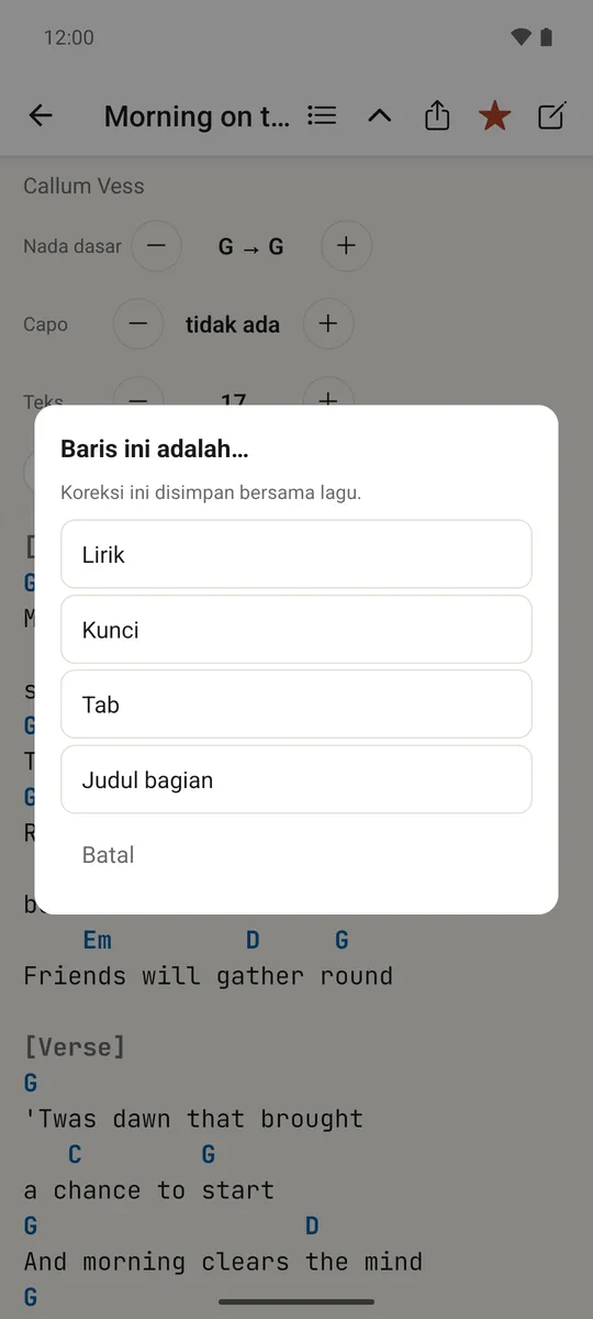 Menu tekan-lama untuk mengoreksi apakah sebuah baris adalah lirik, kunci, tab atau judul