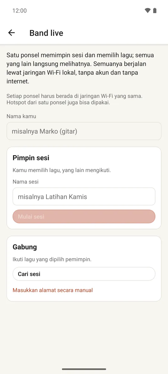 Layar sesi langsung menampilkan seorang pemimpin dan anggota band yang terhubung