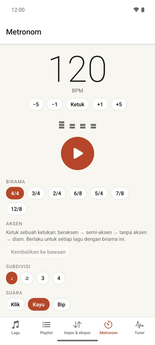 Layar metronom lengkap dengan kontrol tempo, birama, subdivisi dan aksen