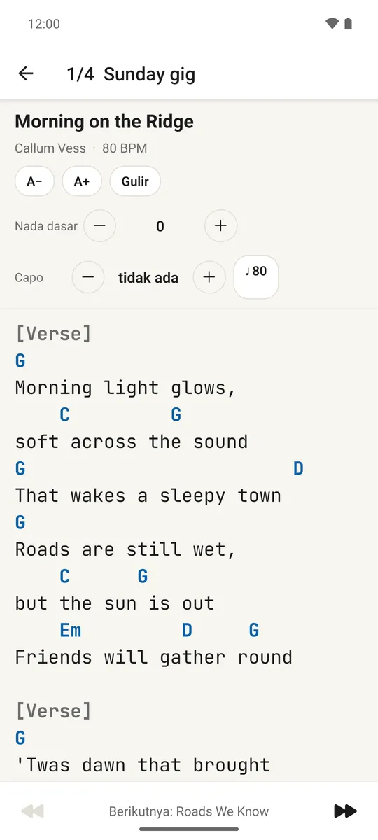Mode tampil menampilkan sebuah lagu layar penuh dengan kontrol sebelumnya dan berikutnya