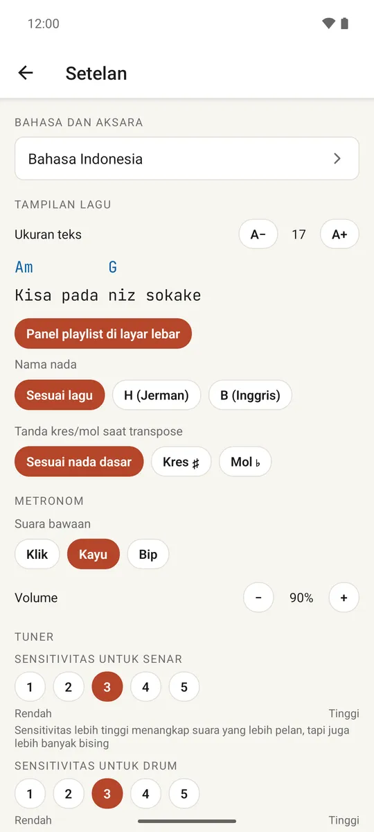 Layar setelan dengan bagian bahasa, tampilan, metronom dan koleksi