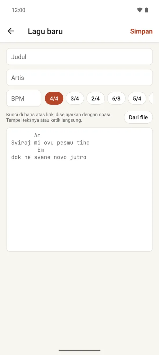 Layar lagu baru dengan judul, artis dan editor teks kunci-di-atas-lirik