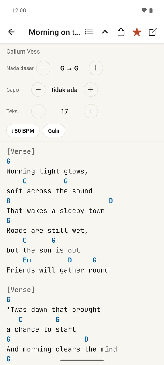Sebuah lagu terbuka dengan kunci di atas lirik dan kontrol header