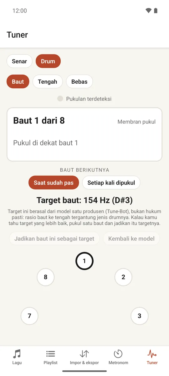 Tuner drum menampilkan baut tersusun melingkar dengan status penyeteman masing-masing