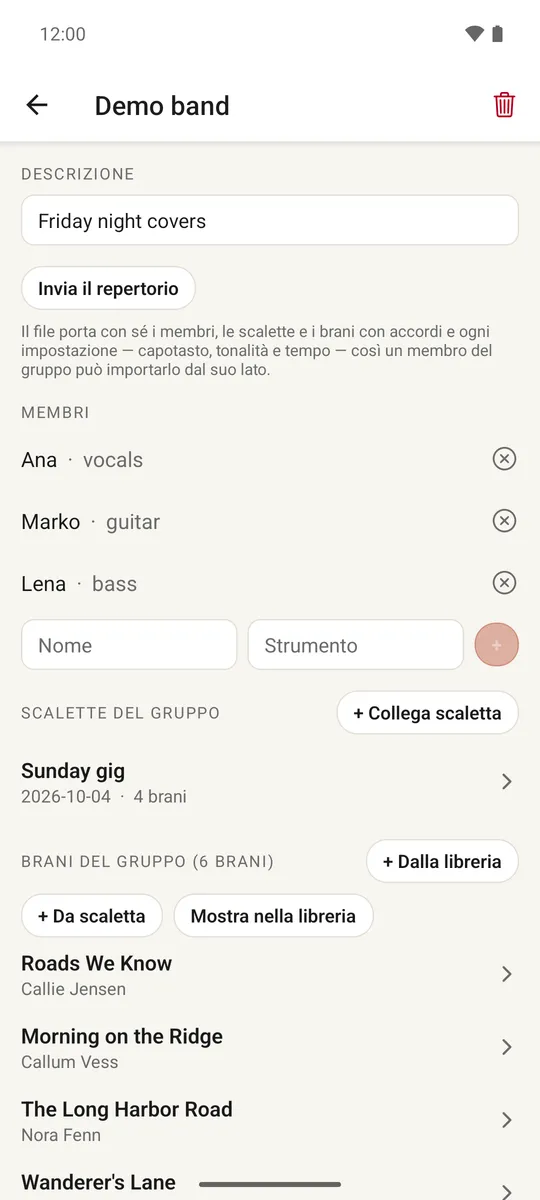 Una schermata di gruppo con i membri, gli strumenti e un elenco dei brani del gruppo