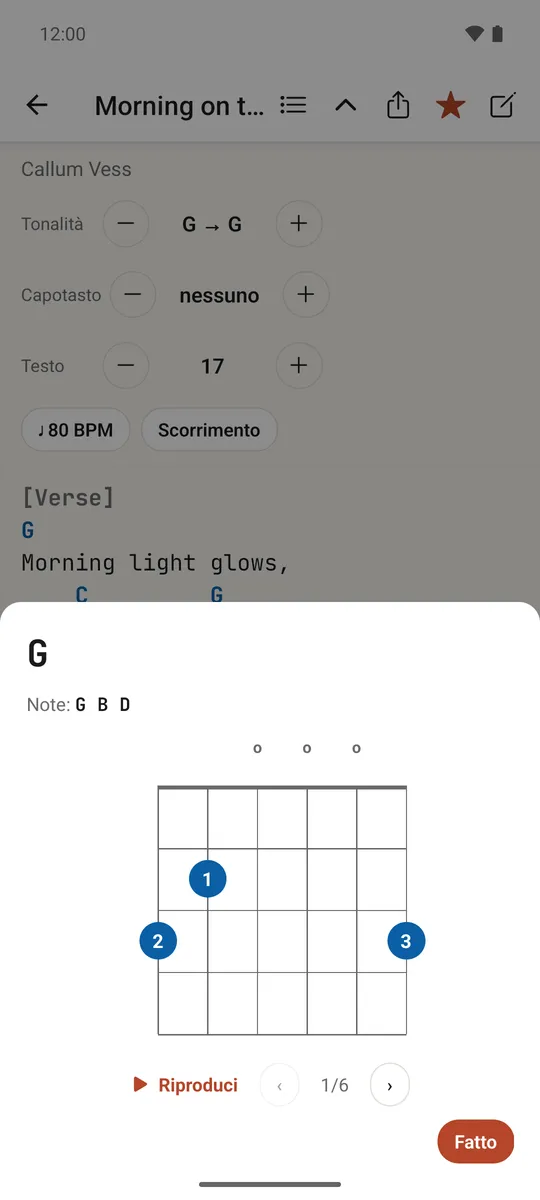 La scheda dell'accordo con un diagramma, le note e un pulsante di riproduzione