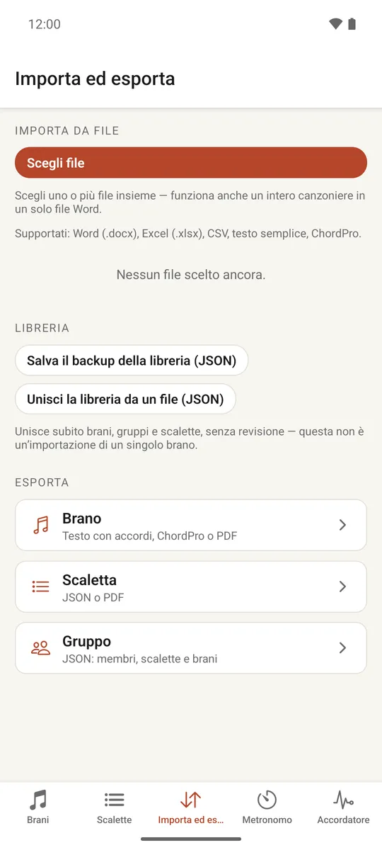 La scheda Importa ed esporta con le opzioni di backup della libreria ed esportazione