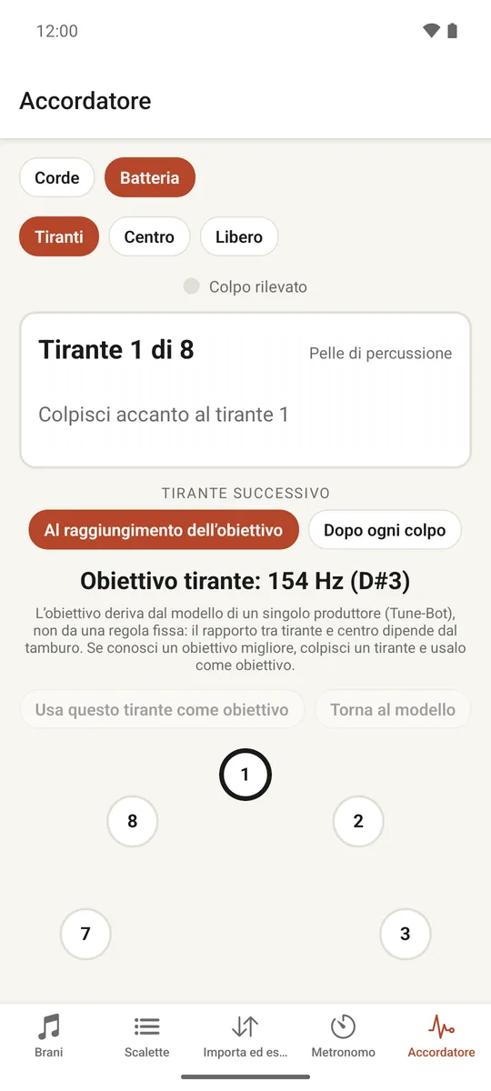 L'accordatore per batteria con i tiranti disposti in cerchio con il loro stato di accordatura