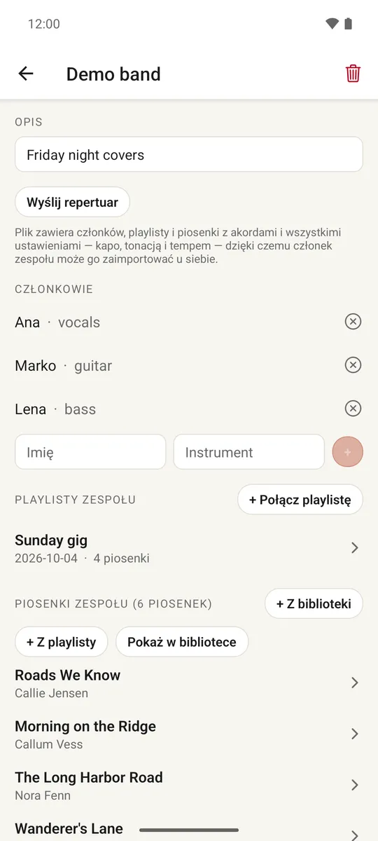 Ekran zespołu z członkami, instrumentami i listą piosenek zespołu