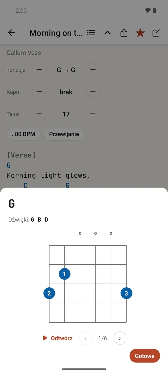Karta akordu z diagramem, dźwiękami i przyciskiem odtwarzania