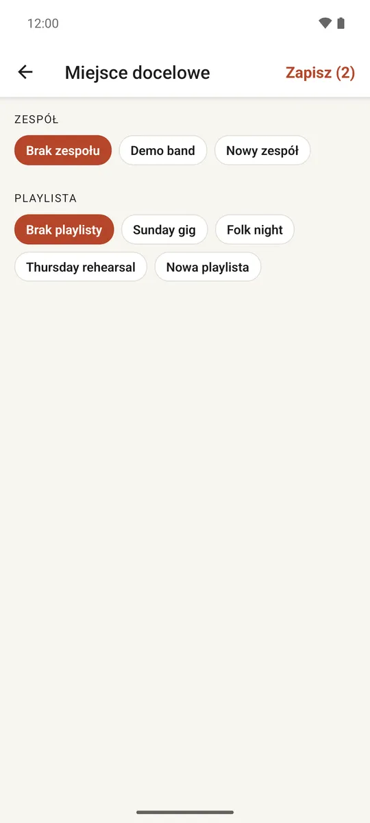 Ekran miejsca docelowego z wyborem zespołu i playlisty