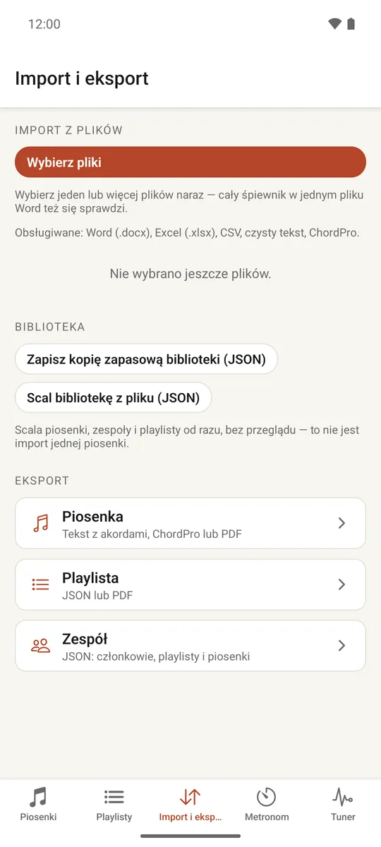 Zakładka importu i eksportu z kopią zapasową biblioteki i opcjami eksportu